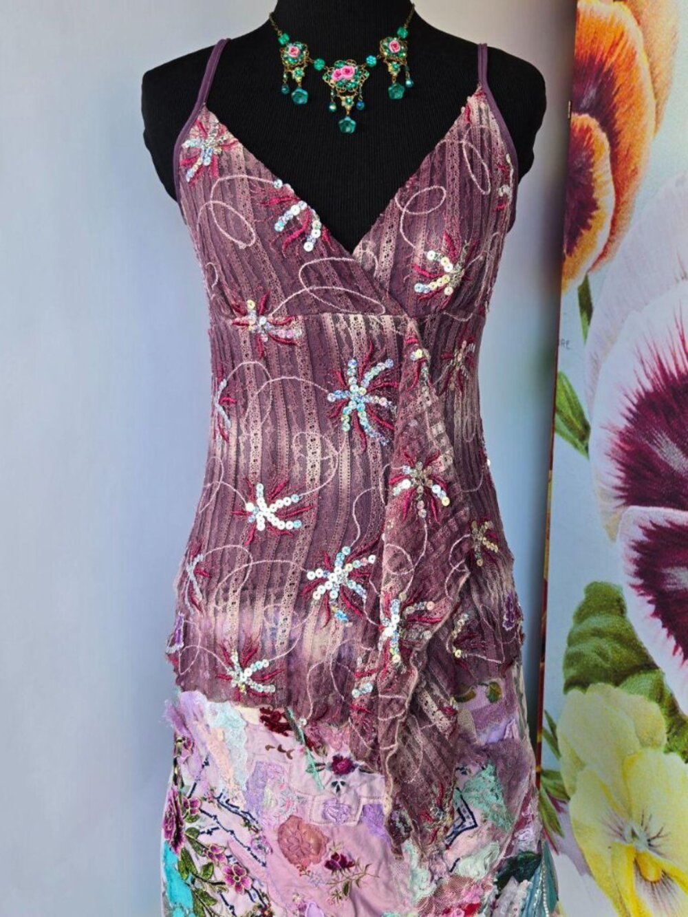 Vtg Y2k Purple Sequin Lace Baby Doll Top Fairycore Romantic Mermaidcore